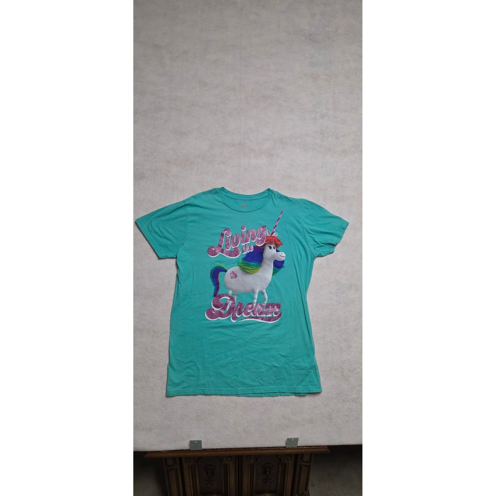 Disney Despicable Me Unicorn T-Shirt Large Teal Living the Dream Glitter Graphic